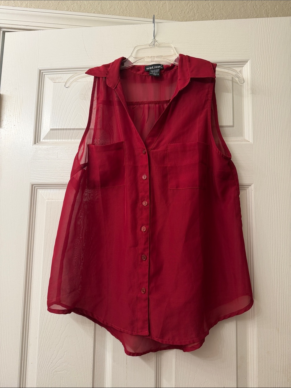 Wet Seal Sheer Red Sleeveless Button-Down Blouse